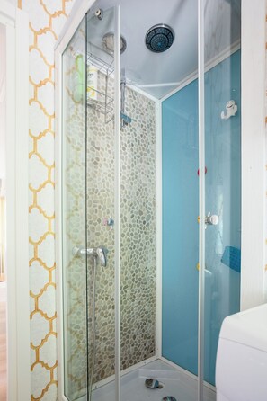 Shower, hair dryer, bidet, towels