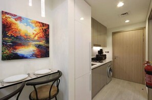 Fridge, microwave, coffee/tea maker, electric kettle