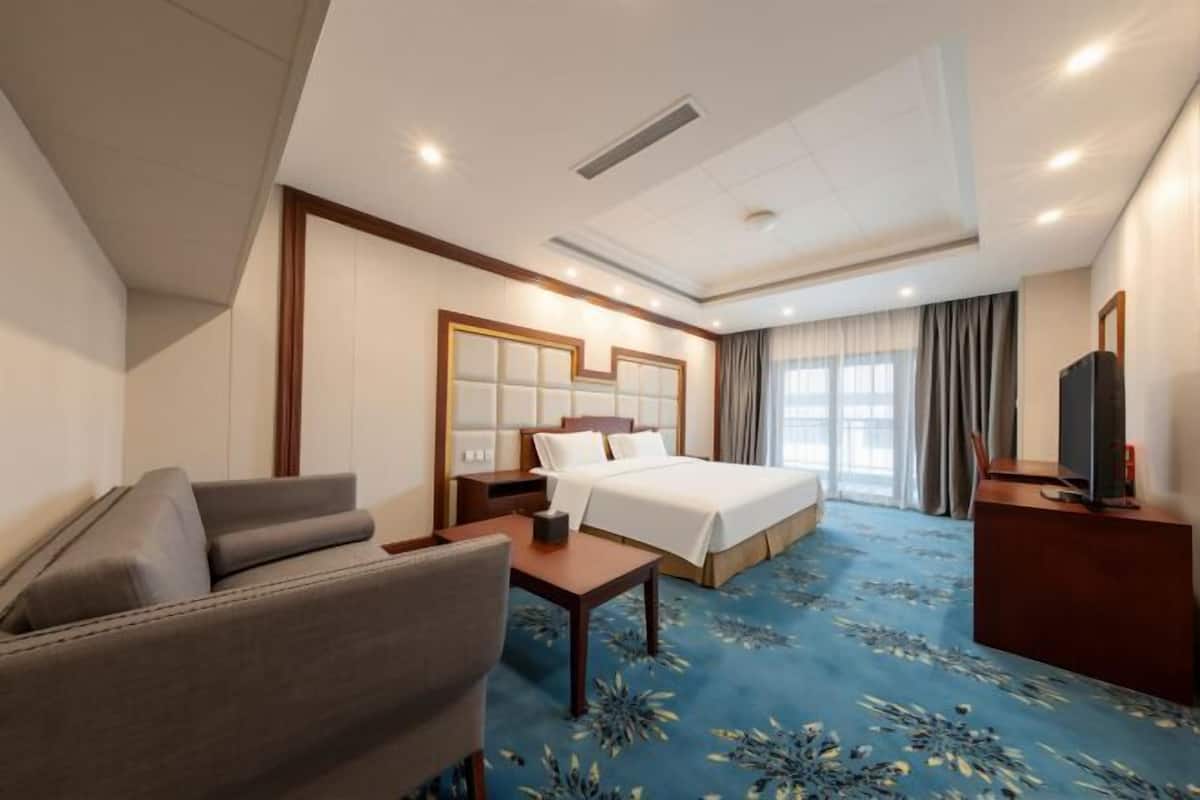 A hotel room with a bed, a sofa, a desk, a television, and a large window with curtains.