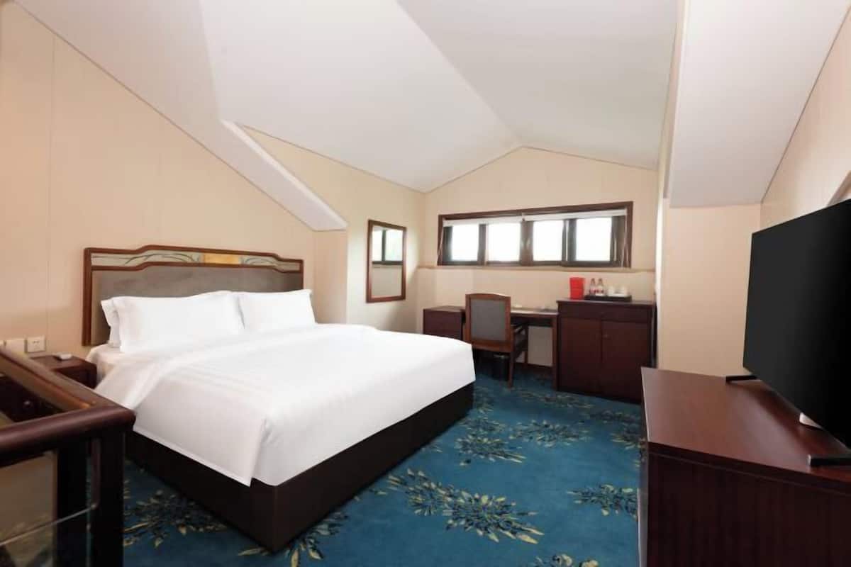 A hotel room with a bed, desk, chair, television, and a large window.