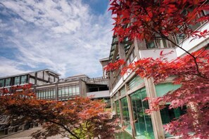 A modern building with large windows and a glass facade, surrounded by trees with red leaves. - Xinhua Hotel Fairy Mountain (Chongqing)