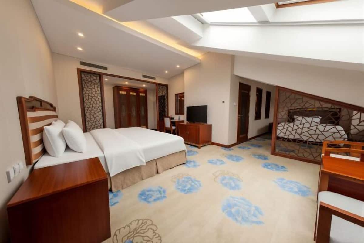 A bedroom with a bed, bedside tables, a TV, a desk, and a patterned carpet.