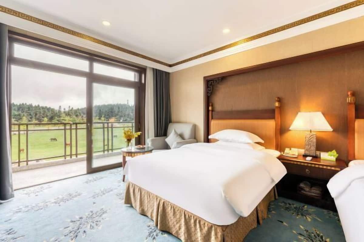 A hotel room with a large bed, a chair, a nightstand, and a view of a green landscape through large windows.