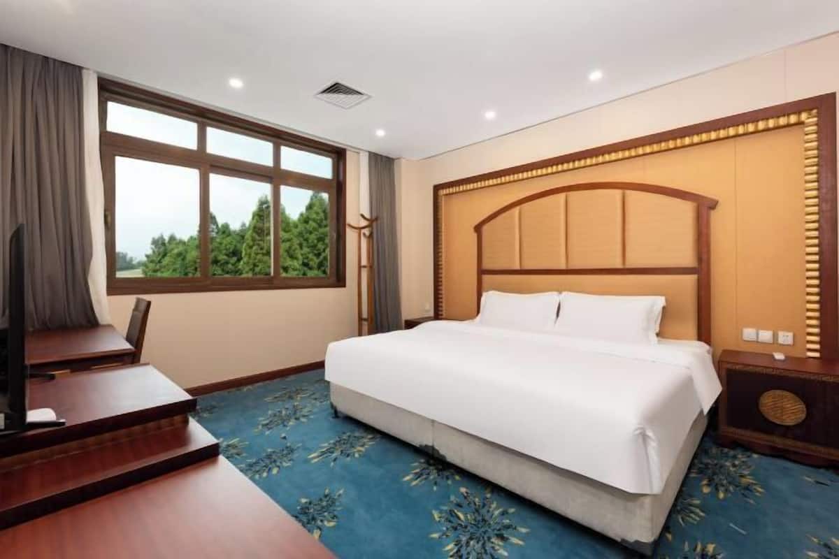 A hotel room with a large bed, a desk, a chair, a television, and a window with a view of trees.