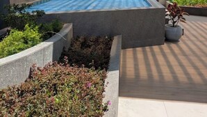 A rooftop pool with a city view, surrounded by planters and a pergola.