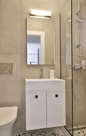 Classic Studio, Balcony, City View | Bathroom | Shower, hair dryer, towels, soap - Centro Apartments By Comfortbnb (Sitia)