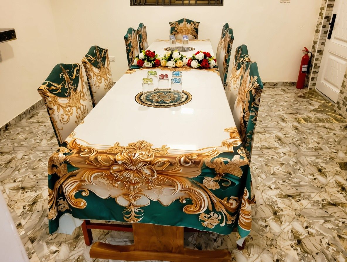 Une table à manger recouverte de nappes richement décorées, entourée de chaises aux motifs assortis.