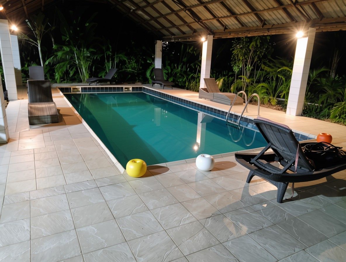 An outdoor swimming pool with lounge chairs and a covered area.
