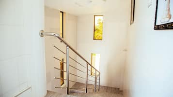 Un escalier avec des rampes en métal, des murs blancs et un plancher en bois.