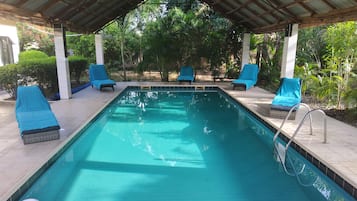 A rectangular swimming pool with a tiled edge, surrounded by lounge chairs with blue covers, a metal ladder, and a covered area with a metal roof.
