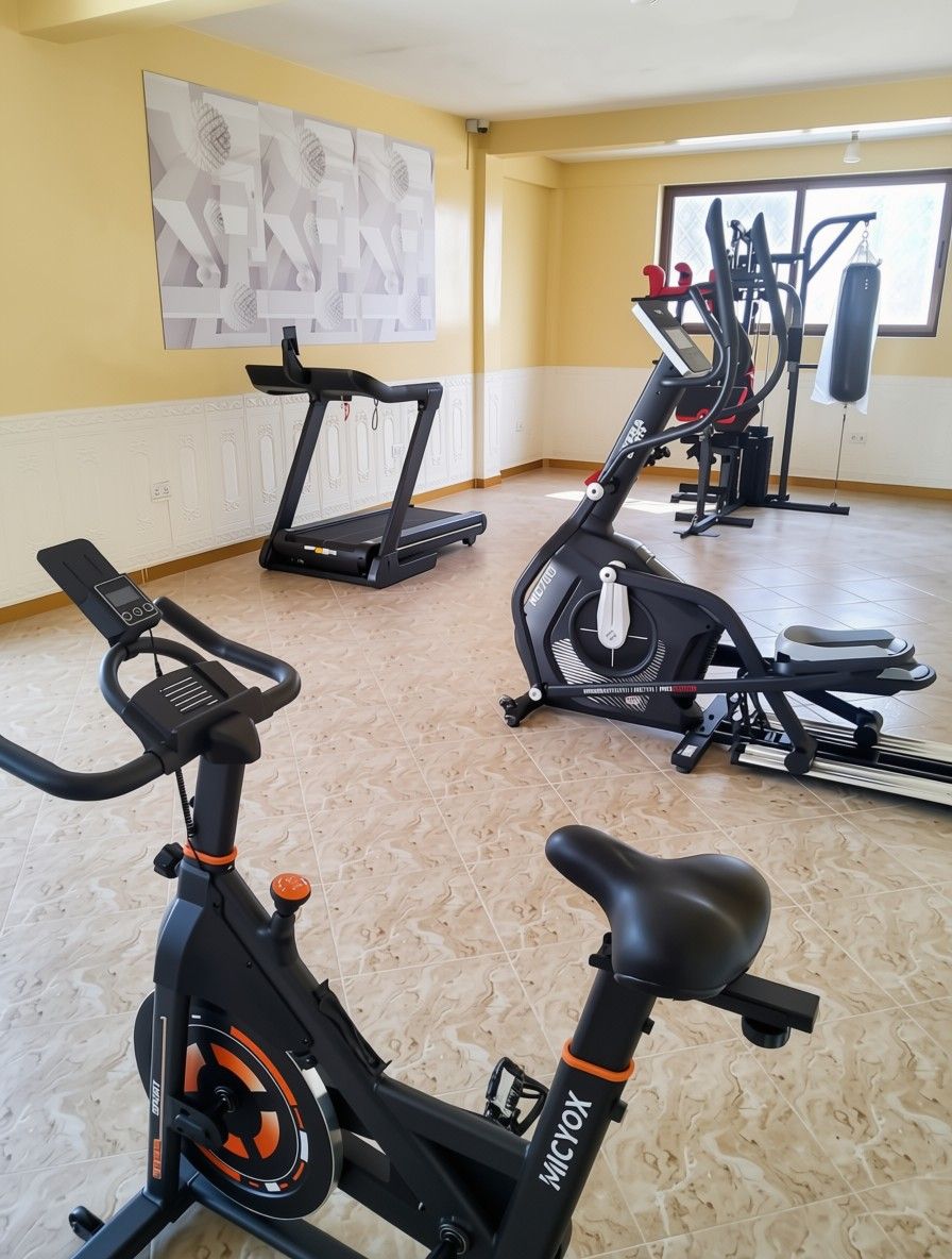 A gym with stationary bikes, a treadmill, and a punching bag.