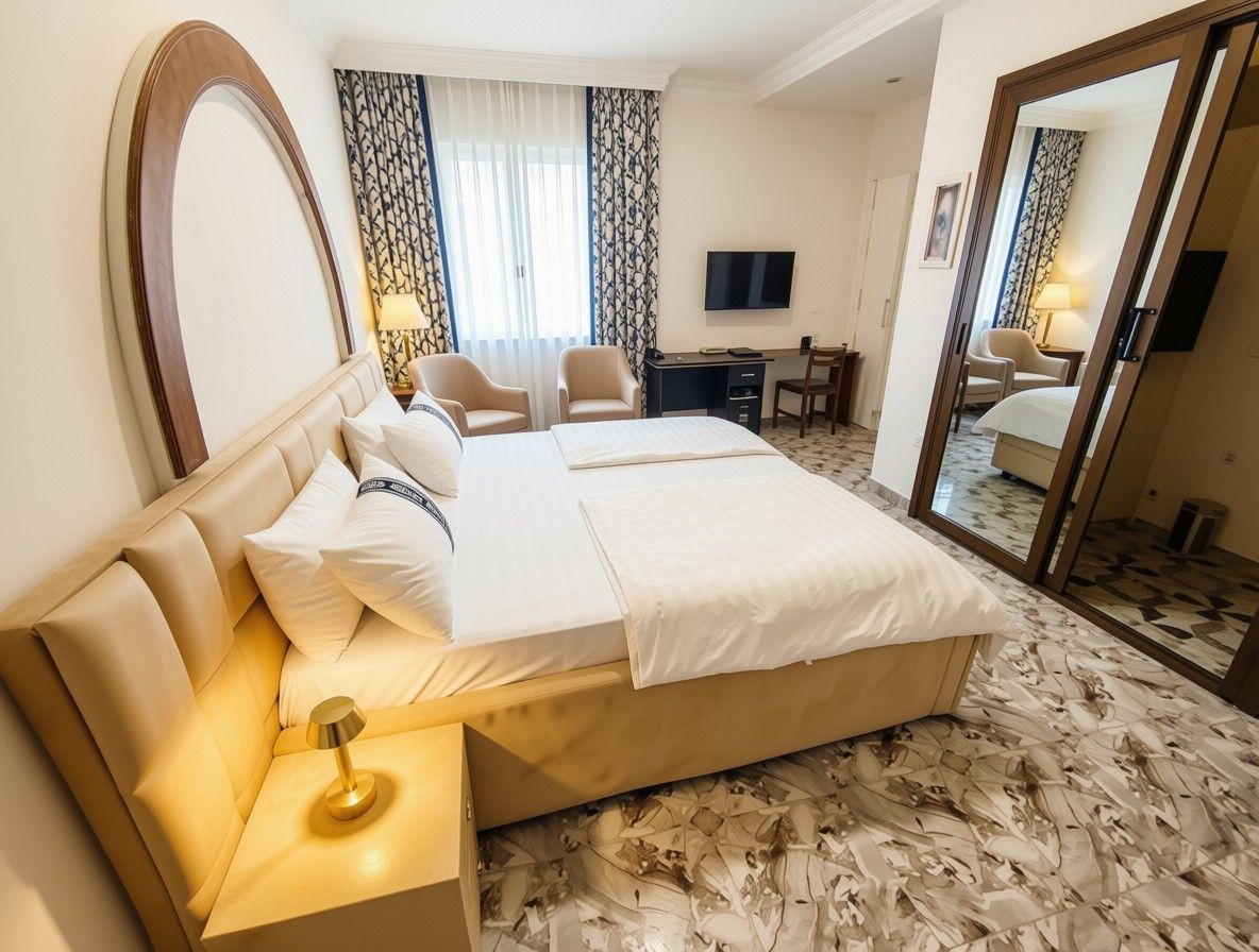 Une chambre d’hôtel avec un grand lit, un bureau avec une chaise, une télévision et un miroir.