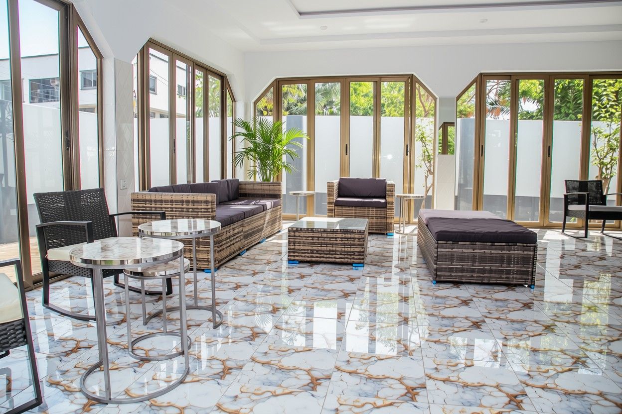 A spacious indoor area with seating arrangements, including sofas and chairs, and a tiled floor.