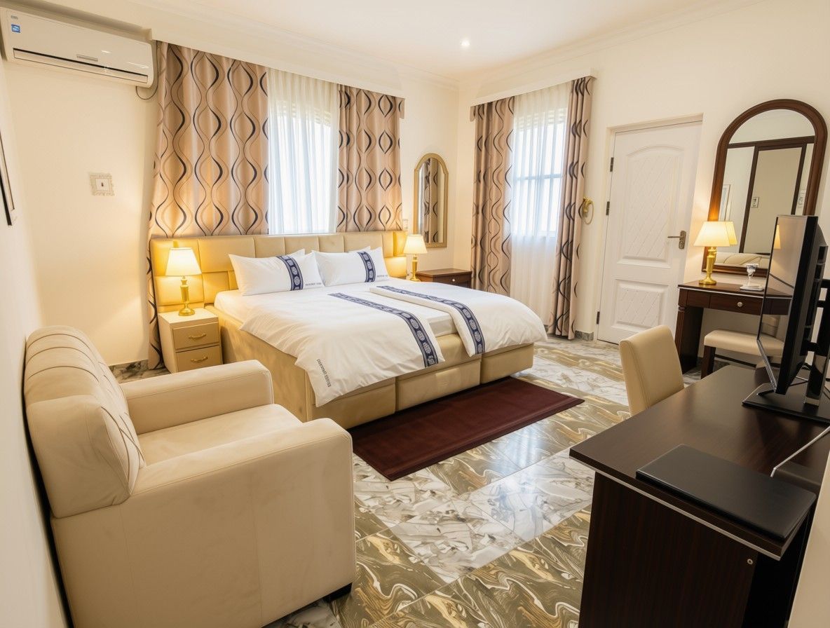 A hotel room with a bed, bedside tables, a desk, a chair, and a mirror.