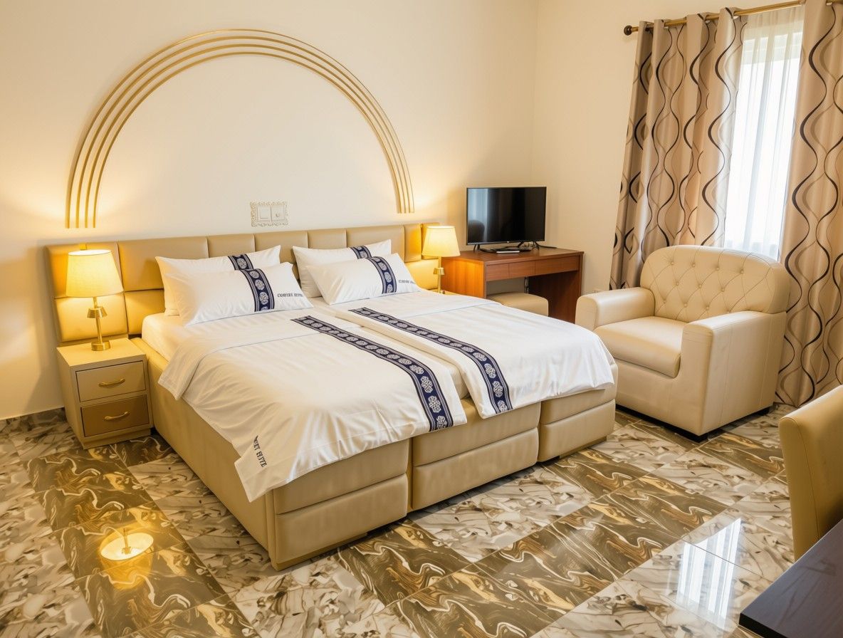 Una camera d'albergo con un letto grande, una scrivania con televisore, una sedia e una lampada.