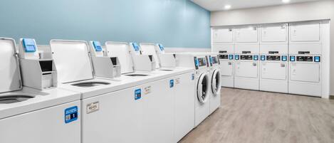 A modern laundry facility with multiple washing machines and dryers, arranged in an orderly fashion.