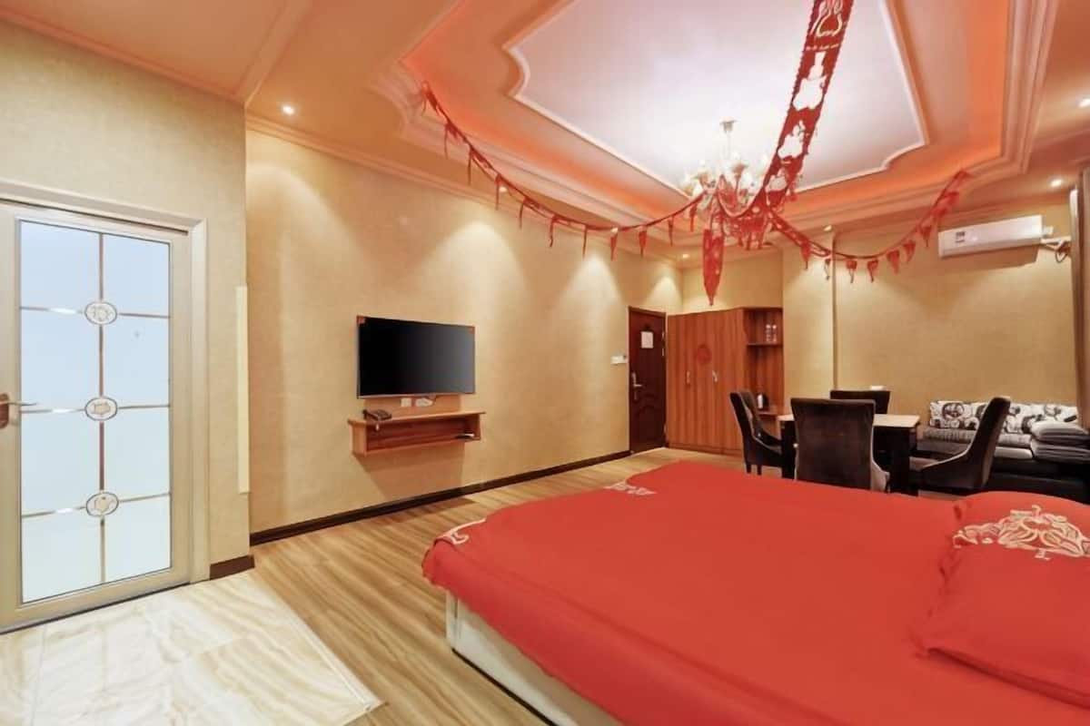 Un dormitorio con cama, televisión, armario y escritorio.