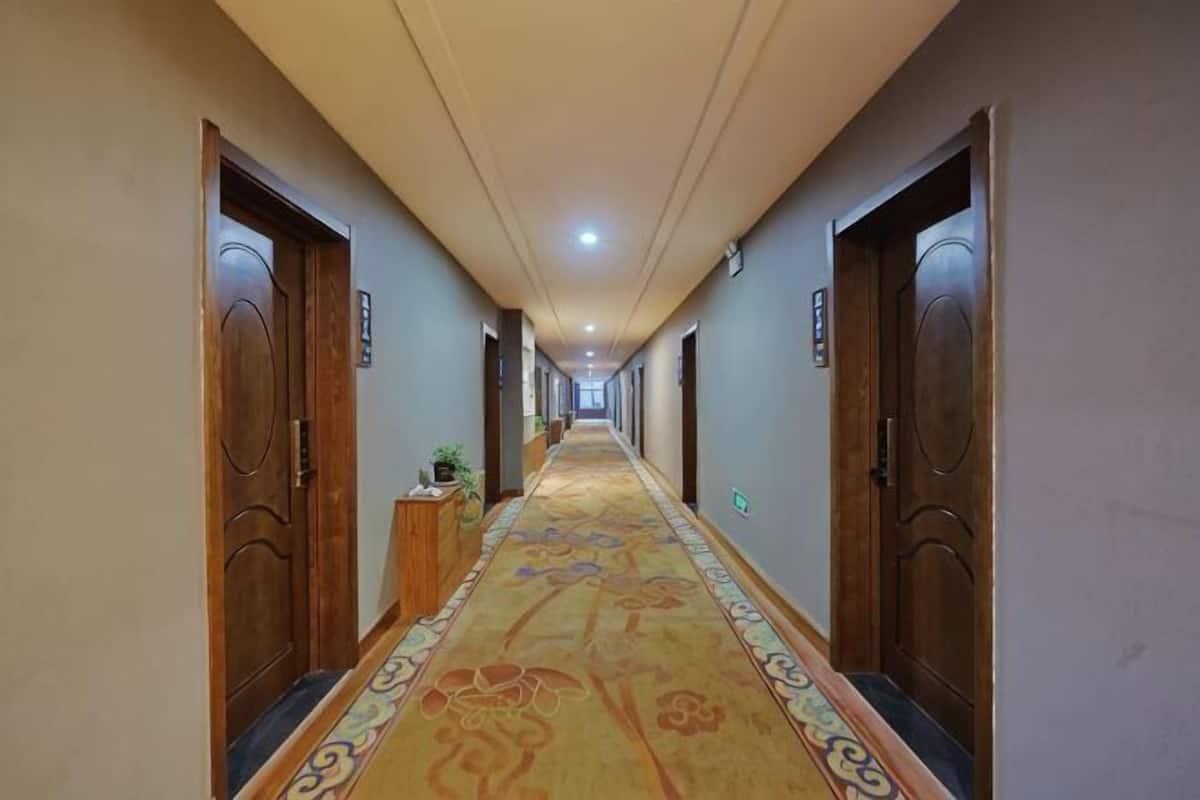 A hotel hallway with carpeted floors, wooden doors, and a long corridor.