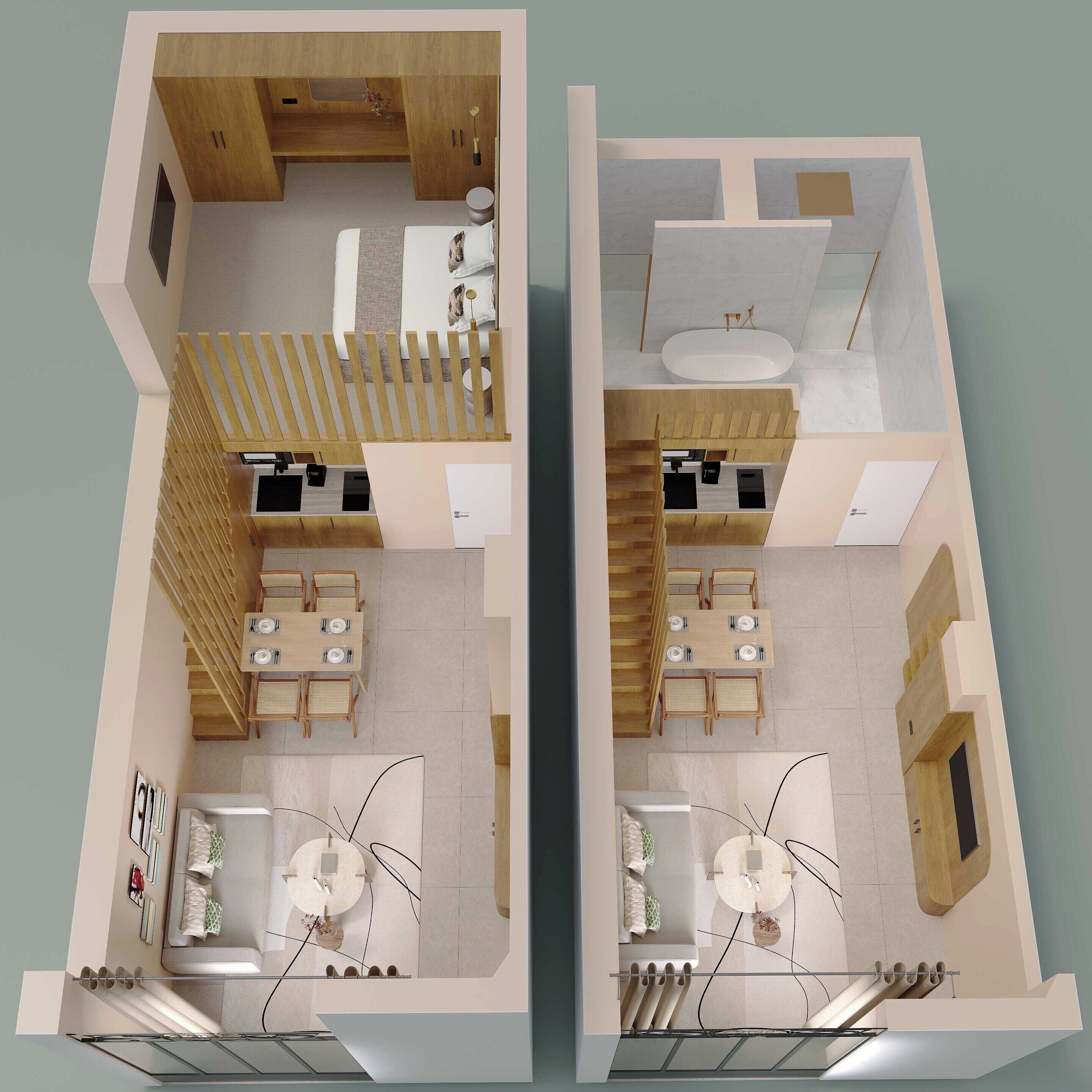 A modern apartment layout with a living area, dining space, kitchen, and bathroom.