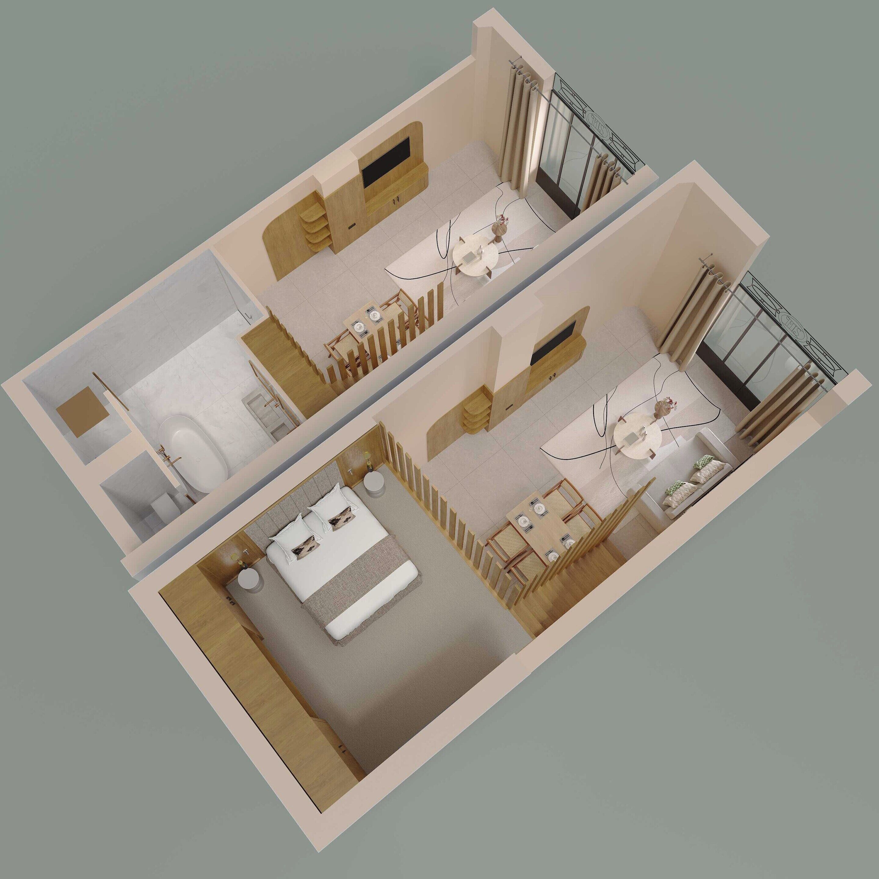 A 3D floor plan of a hotel room with a bed, a small sitting area, a kitchenette, and a bathroom.