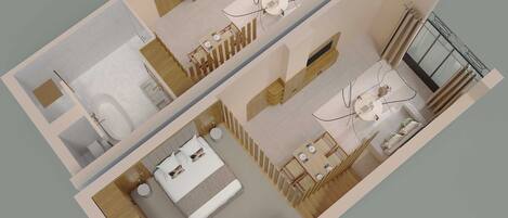 Plano de planta en 3D de una habitación de hotel con cama, un pequeño rincón de descanso, kitchenette y baño.
