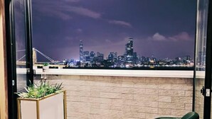 A balcony with a city skyline view, a potted plant, and a green chair.
