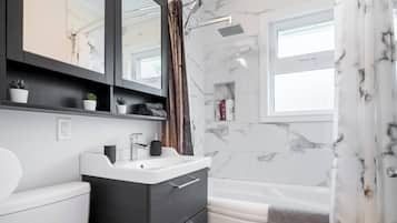 Hair dryer, towels, soap, toilet paper