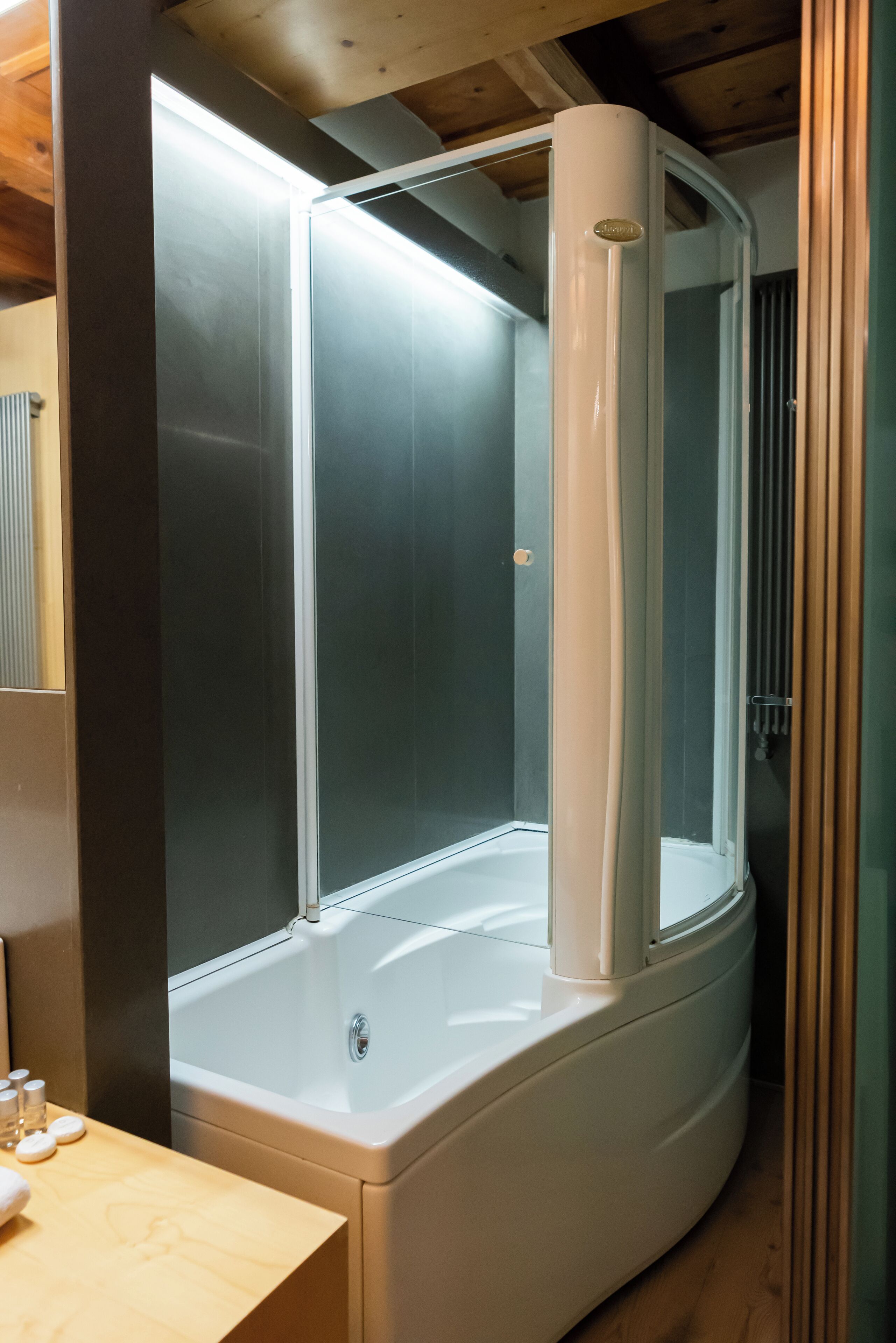 A modern bathroom with a glass-enclosed shower, a white bathtub, and a wooden ceiling.