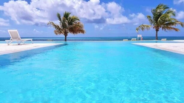 Piscina azul cristalina con sillones blancos y palmeras, con vista a un mar tranquilo.