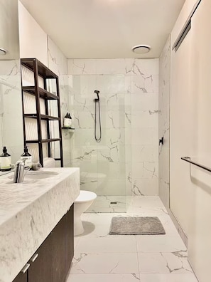 Shower, hair dryer, towels, soap