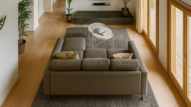 A modern living room with a grey sofa, wooden flooring, a ceiling fan, a TV, and large windows. - Villa Nature (Pougny)