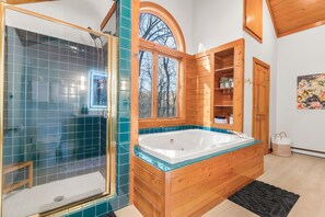 Shower, jetted tub, hair dryer, towels