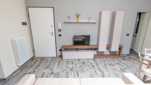 A modern living room with a sofa, a TV on a wooden stand, a radiator, and a door.