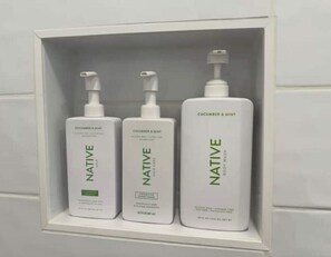 Dusche, Haartrockner, Handtücher, Seife