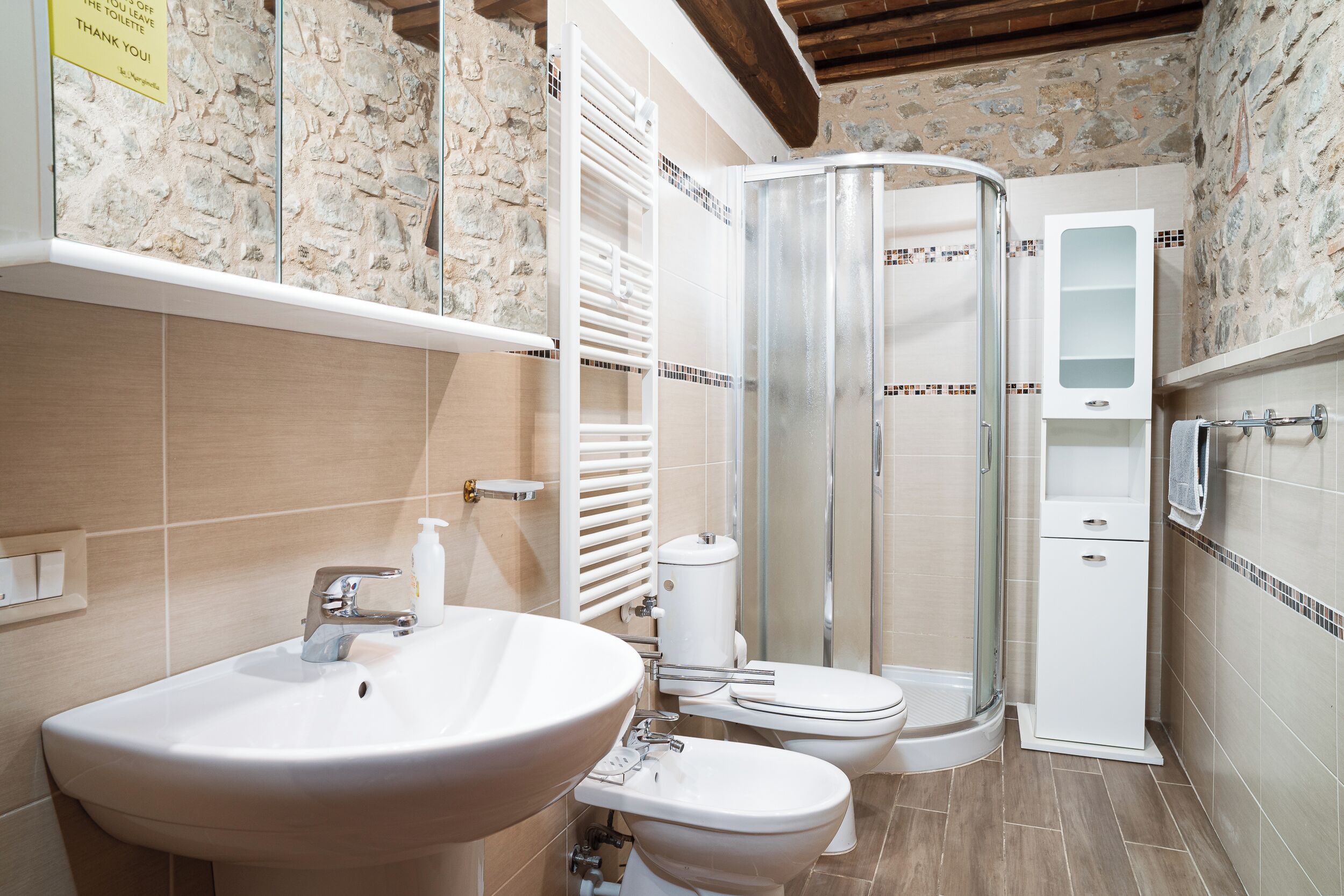 Shower, bidet, towels, soap