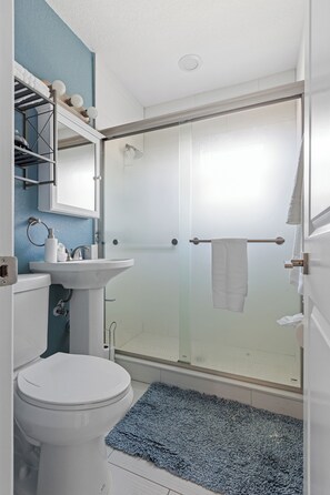 Shower, hair dryer, towels, soap