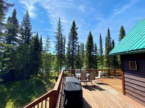 A wooden deck with outdoor seating and a view of tall evergreen trees.