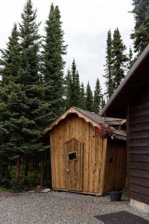 Une cabane en bois avec un toit en pente, une petite fenêtre et une porte.
