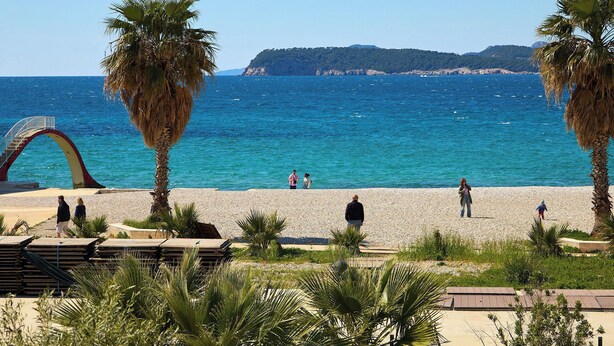 Une plage offrant une vue dégagée sur la mer, bordée de palmiers et agrémentée d’une structure en arc d’une conception particulière.