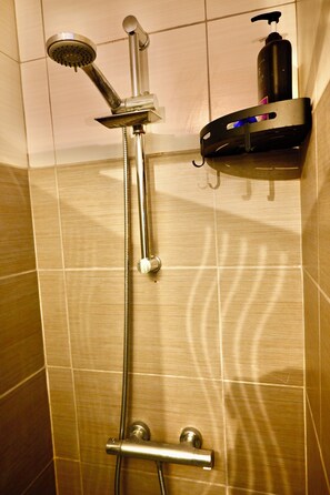 Douche, sèche-cheveux, serviettes fournies, savon