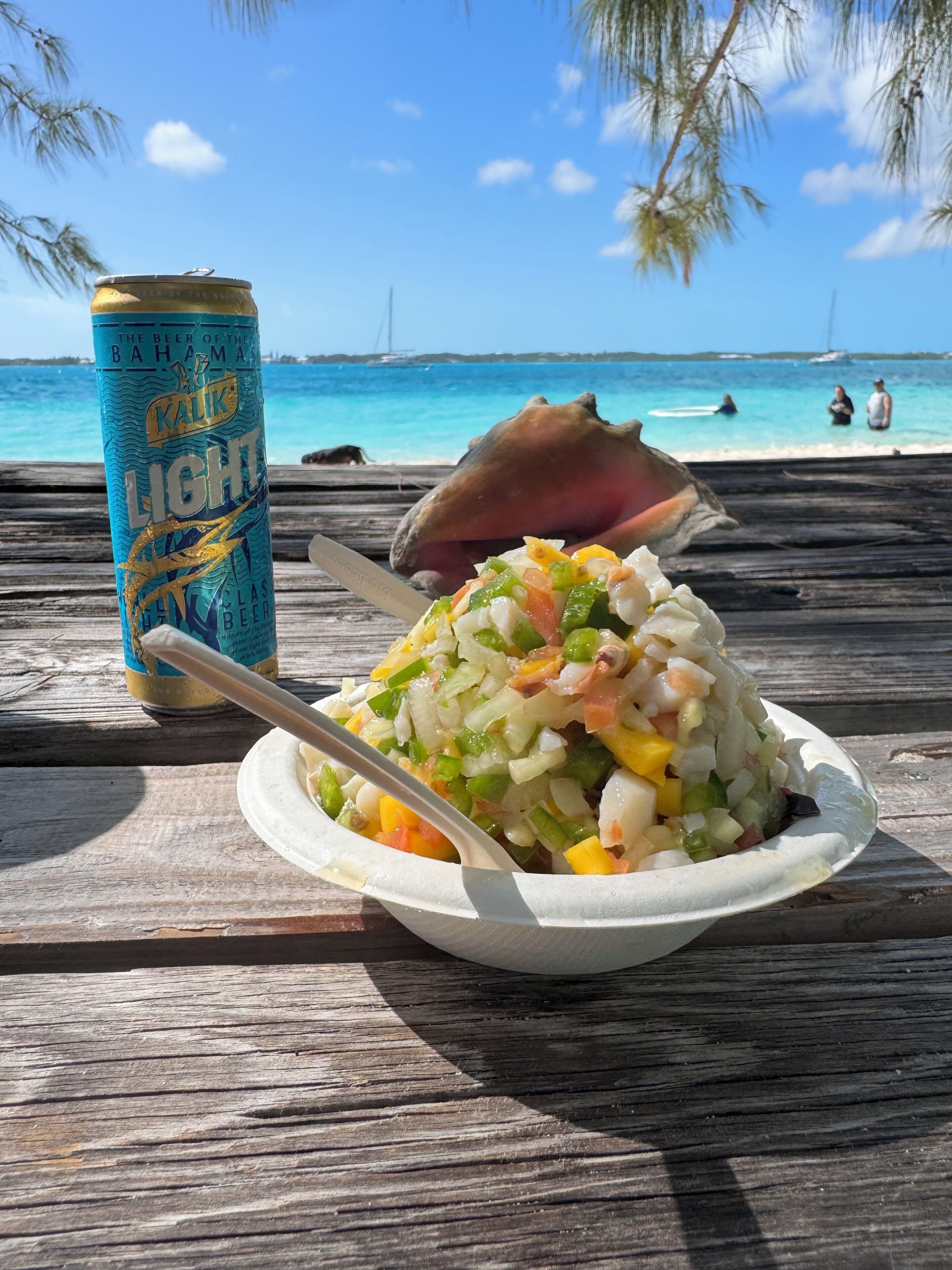 A meal with a can of beer on a wooden table by the beach.