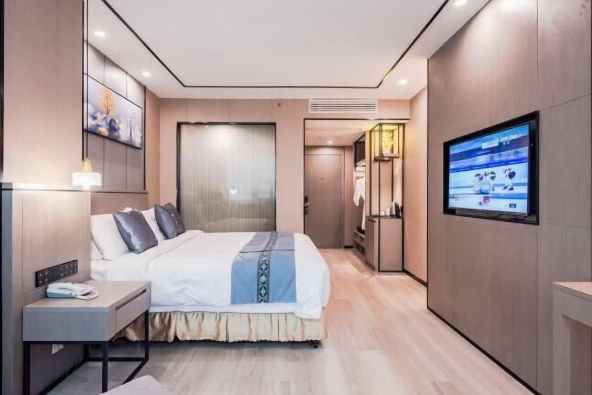 Une chambre d’hôtel moderne avec un grand lit, une table de chevet, une télévision et un dressing.