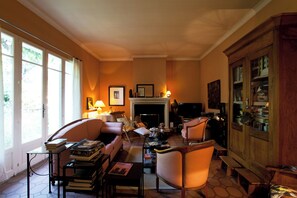 TV, fireplace, books