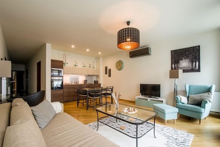 Apartamento Confort, 1 habitación, cocina básica, vistas a la ciudad | Sala de estar | Televisión de pantalla plana de 52 pulgadas con canales digitales. Apart Madryt
