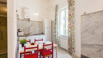 Fridge, microwave, stovetop, electric kettle