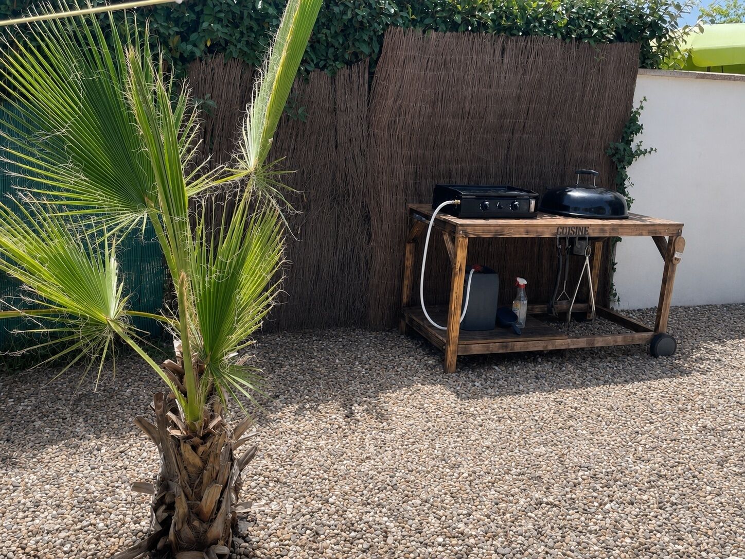 A palm plant, a wooden cart labeled 'COISINE,' and a thatched wall.