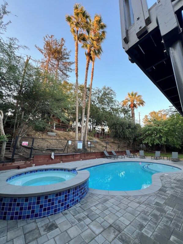A swimming pool with a tiled edge, surrounded by palm trees and a wooden deck. -  Bakersfield Luxe Stay • Stylish & Serene (Bakersfield)