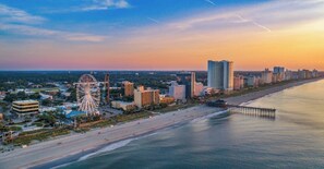 A coastal cityscape with a prominent Ferris wheel, high-rise buildings, and a beach.