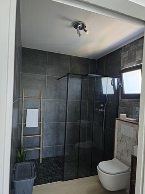 Hair dryer, towels, soap, toilet paper