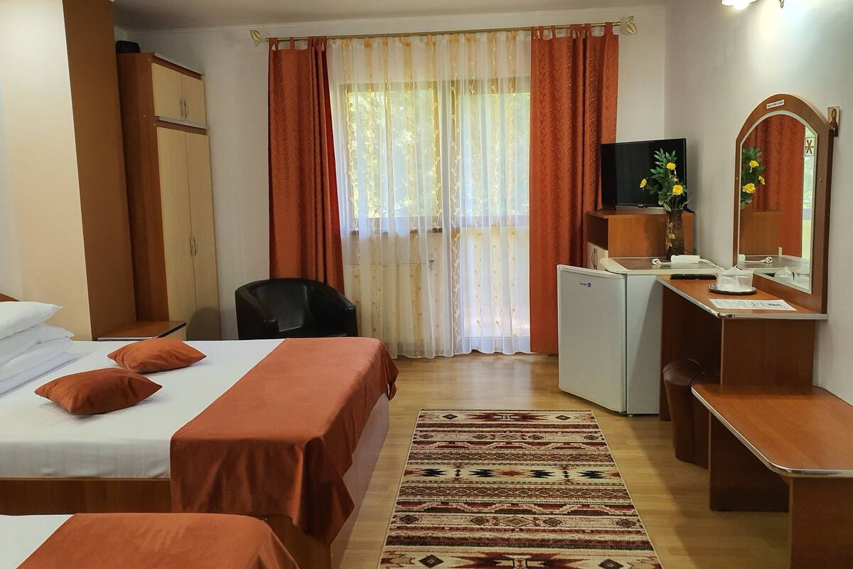 Ett hotellrum med en säng, ett skrivbord, en stol, en tv och en spegel.
